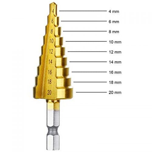Τρυπάνι κωνικό 4 – 20 mm με επικάλυψη τιτανίου & εξάγωνο στέλεχος.