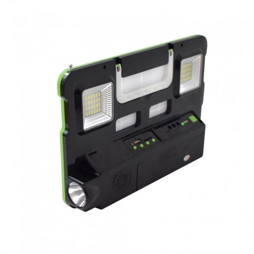 Ηλιακό πάνελ με διπλό φωτιστικό, φακό, ηχείο MULTIMEDIA ράδιο ηλιακός φορτιστής & φωτισμός 2 Λάμπες LED 250. Lumens.