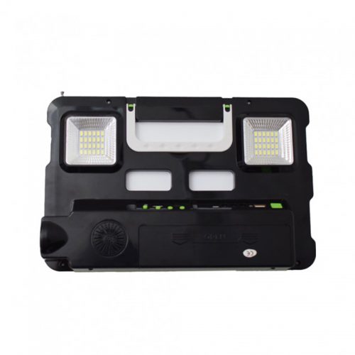 Ηλιακό πάνελ με διπλό φωτιστικό, φακό, ηχείο MULTIMEDIA ράδιο ηλιακός φορτιστής & φωτισμός 2 Λάμπες LED 250. Lumens.