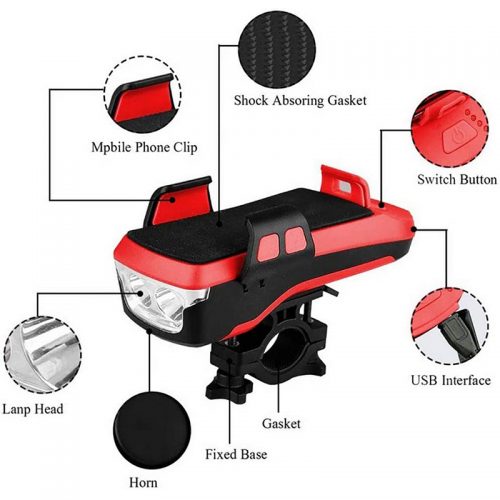 Βάση κινητού για ποδήλατο με φακό κόρνα και POWERBANK CK-2020 κόκκινο.