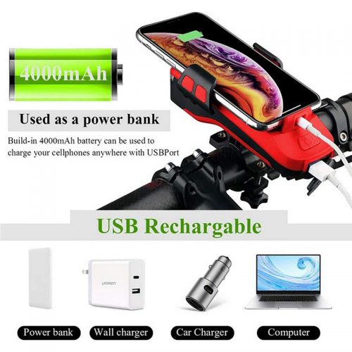 Βάση κινητού για ποδήλατο με φακό κόρνα και POWERBANK CK-2020 κόκκινο.