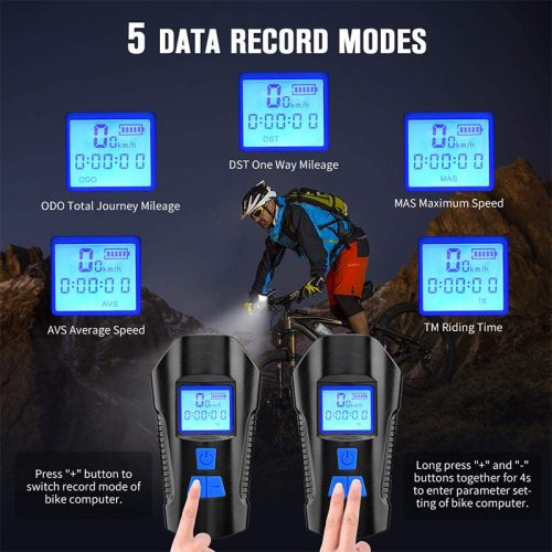 Φακός LED & κοντέρ ποδηλάτου με κόρνα 6 διαφορετικών ήχων FY 317 μπλε.