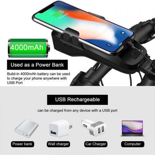 Βάση κινητού για ποδήλατο με φακό κόρνα και POWERBANK CK-2020 μαύρο.