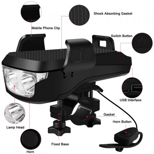 Βάση κινητού για ποδήλατο με φακό κόρνα και POWERBANK CK-2020 μαύρο.