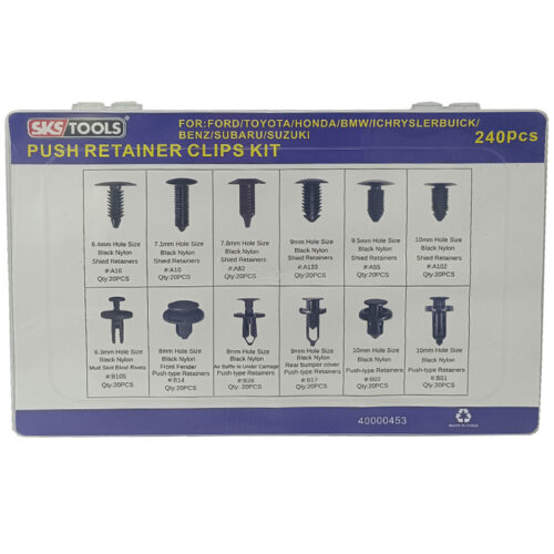 Σετ κλιπς ταπετσαρίας 240 τεμαχίων για FORD , TOYOTA , HONDA , BMW , CRYSLER , BUICK , BENZ , SUBARU , SUZUKI SKS/TOOLS 40000453.