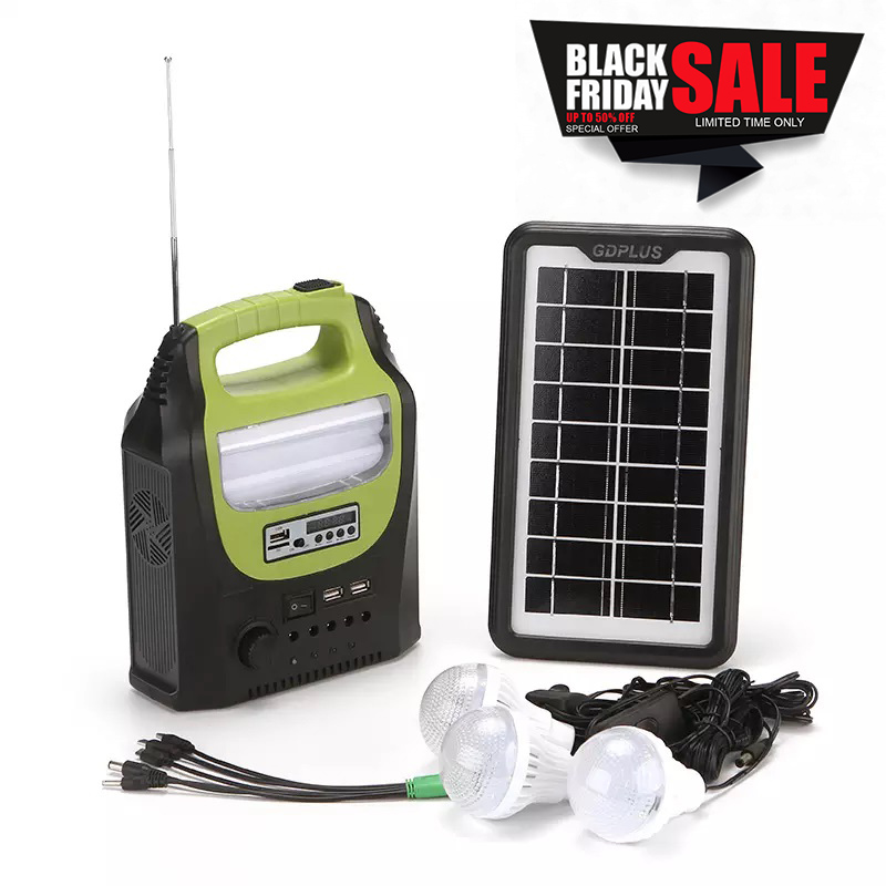 Ηλιακό σύστημα φωτισμού & φόρτισης με ηχείο USB/SD Mp3 PLAYER, FM RADIO, ηλιακό PANEL, μπαταρία, φακό & φωτιστικό με 3 Λάμπες LED.