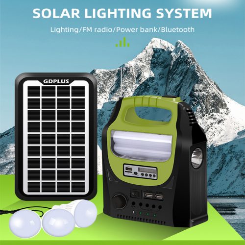 Ηλιακό σύστημα φωτισμού & φόρτισης με ηχείο USB/SD Mp3 PLAYER, FM RADIO, ηλιακό PANEL, μπαταρία, φακό & φωτιστικό με 3 Λάμπες LED.