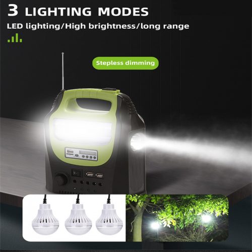 Ηλιακό σύστημα φωτισμού & φόρτισης με ηχείο USB/SD Mp3 PLAYER, FM RADIO, ηλιακό PANEL, μπαταρία, φακό & φωτιστικό με 3 Λάμπες LED.