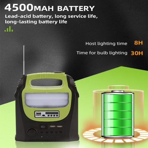 Ηλιακό σύστημα φωτισμού & φόρτισης με ηχείο USB/SD Mp3 PLAYER, FM RADIO, ηλιακό PANEL, μπαταρία, φακό & φωτιστικό με 3 Λάμπες LED.